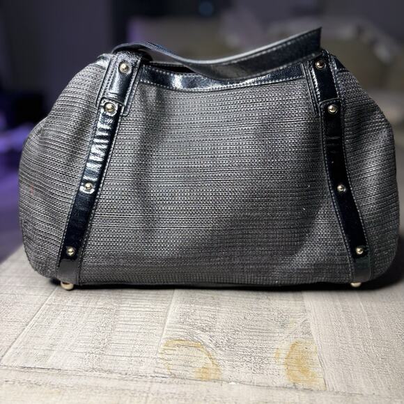 Y2K BANANA REPUBLIC Handbag Woven Faux Patent Leather Trim Black 16X9X3.5” - Picture 3 of 5